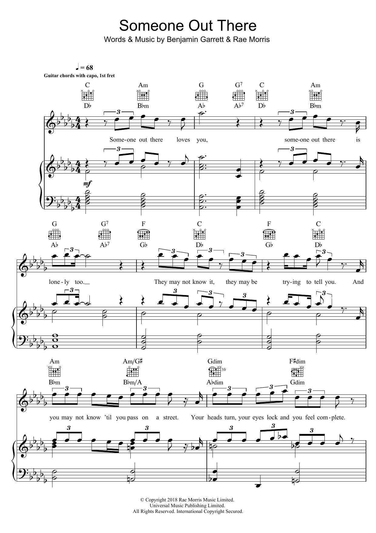 Rae Morris Someone Out There sheet music notes and chords arranged for Piano, Vocal & Guitar Chords