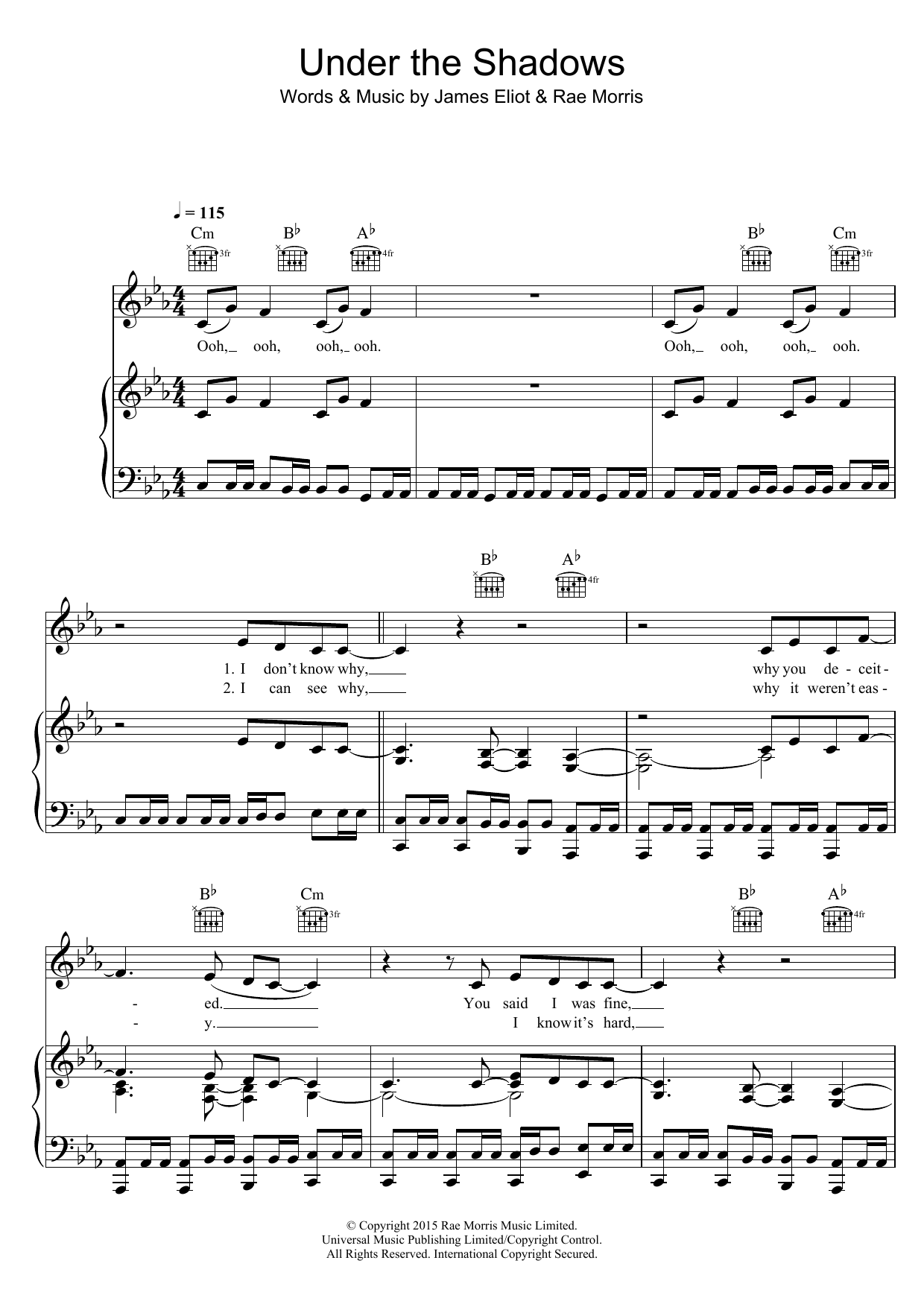Rae Morris Under The Shadows sheet music notes and chords arranged for Piano, Vocal & Guitar Chords