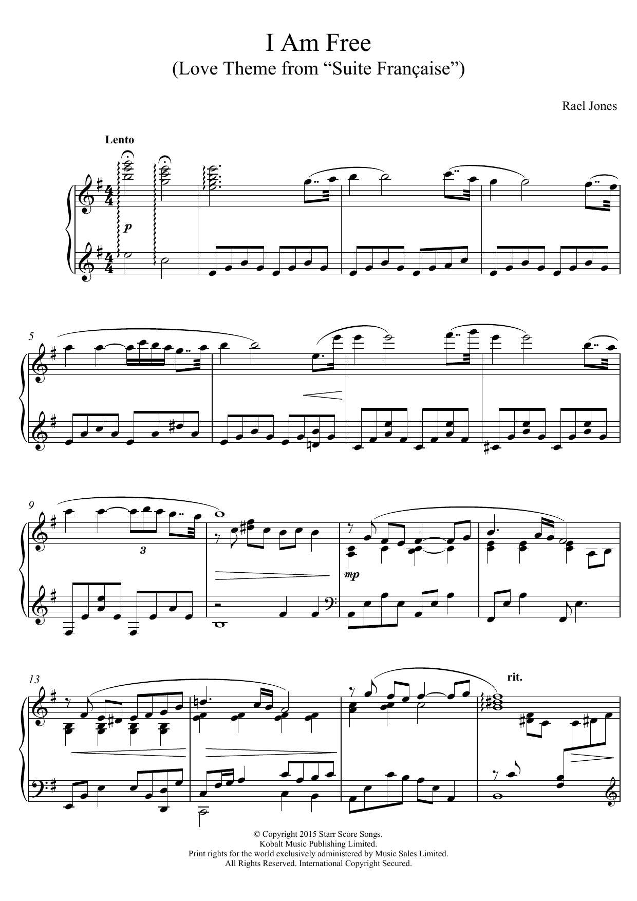 Rael Jones I Am Free (Love Theme from Suite Francaise) sheet music notes and chords arranged for Piano Solo