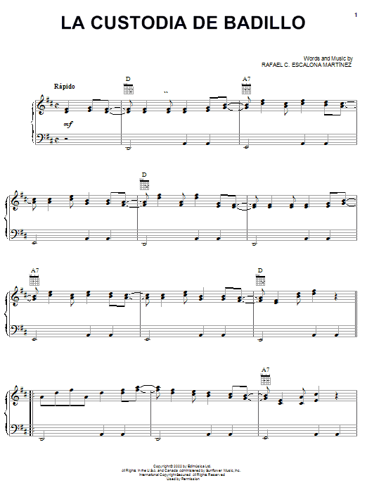 Rafael C. Escalona Martinez La Custodia De Badillo sheet music notes and chords arranged for Piano, Vocal & Guitar Chords (Right-Hand Melody)
