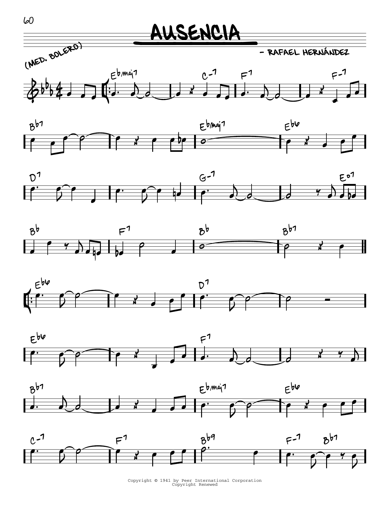 Rafael Hernandez Ausencia sheet music notes and chords arranged for Real Book – Melody & Chords