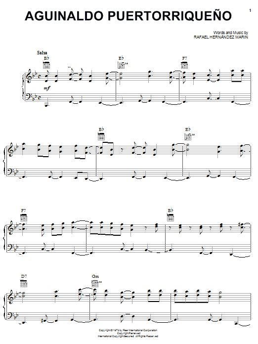 Rafael Hernandez Marin Aguinaldo Puertorriqueno sheet music notes and chords arranged for Piano, Vocal & Guitar Chords (Right-Hand Melody)
