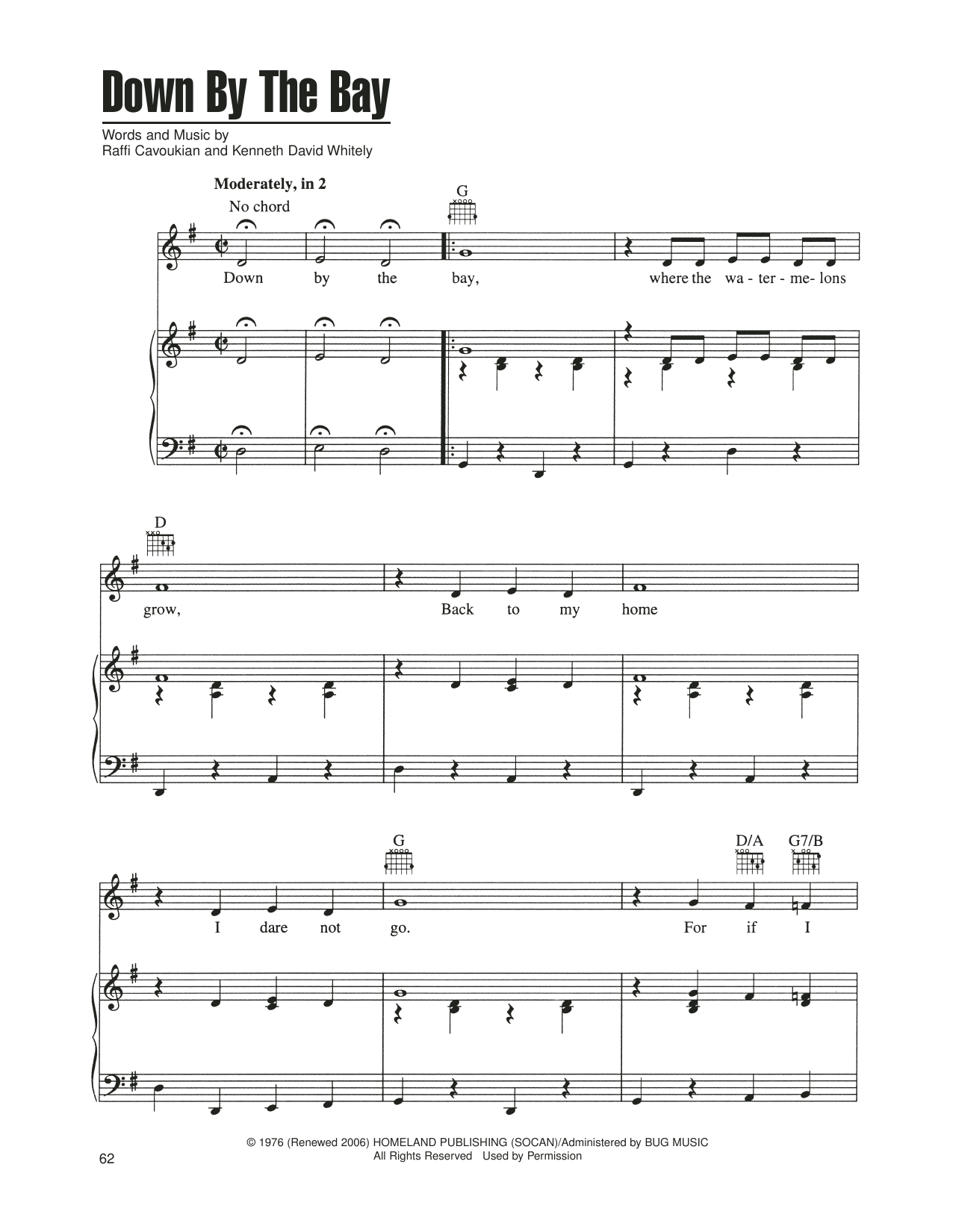 Raffi Cavoukian Down By The Bay sheet music notes and chords arranged for Piano, Vocal & Guitar Chords (Right-Hand Melody)