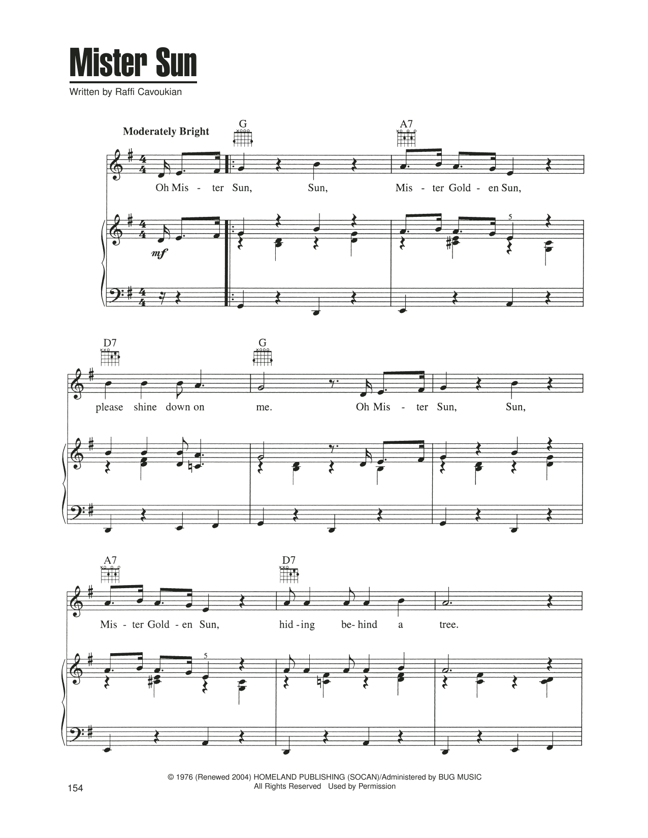Raffi Cavoukian Mister Sun sheet music notes and chords arranged for Piano, Vocal & Guitar Chords (Right-Hand Melody)