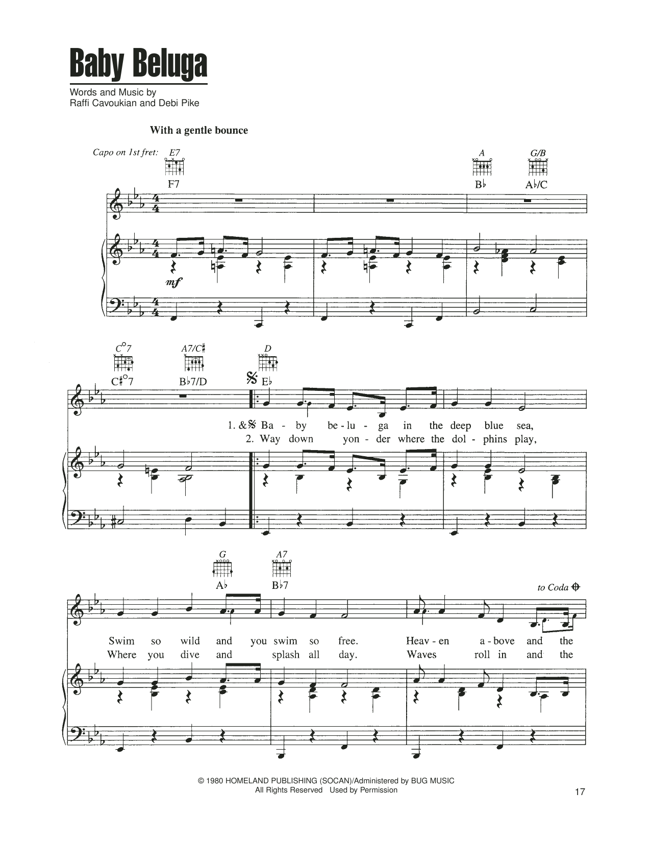 Raffi Cavoukian Baby Beluga sheet music notes and chords arranged for Piano, Vocal & Guitar Chords (Right-Hand Melody)