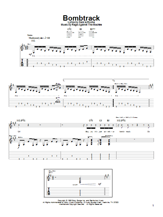 Rage Against The Machine Bombtrack sheet music notes and chords arranged for Guitar Tab