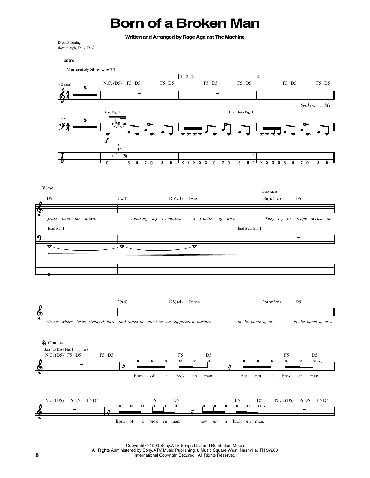 Rage Against The Machine Born Of A Broken Man sheet music notes and chords arranged for Bass Guitar Tab