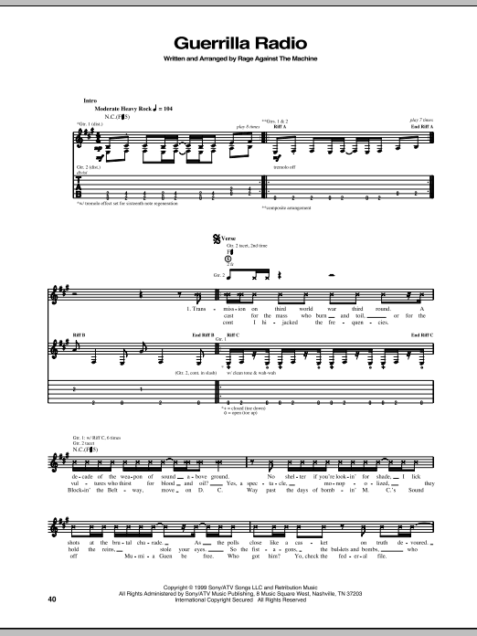 Rage Against The Machine Guerrilla Radio sheet music notes and chords arranged for Guitar Tab