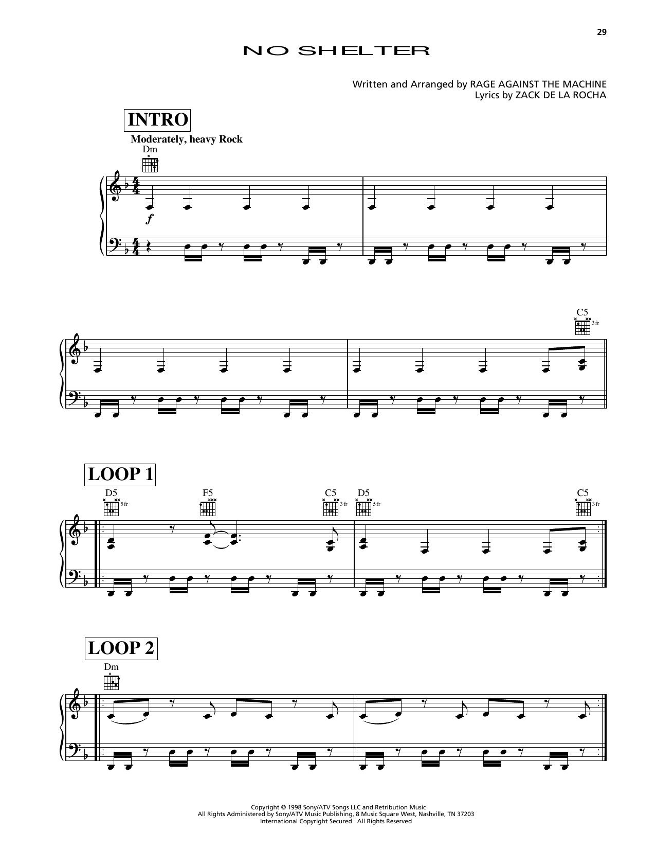 Rage Against The Machine No Shelter (from Godzilla) sheet music notes and chords arranged for Piano, Vocal & Guitar Chords (Right-Hand Melody)