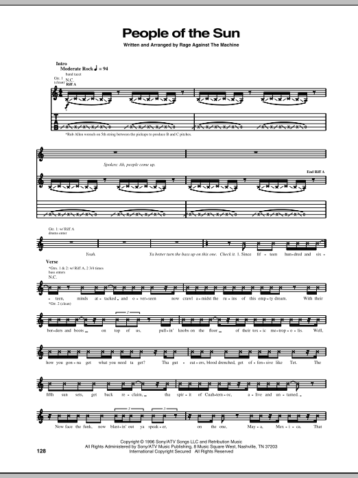 Rage Against The Machine People Of The Sun sheet music notes and chords arranged for Guitar Tab