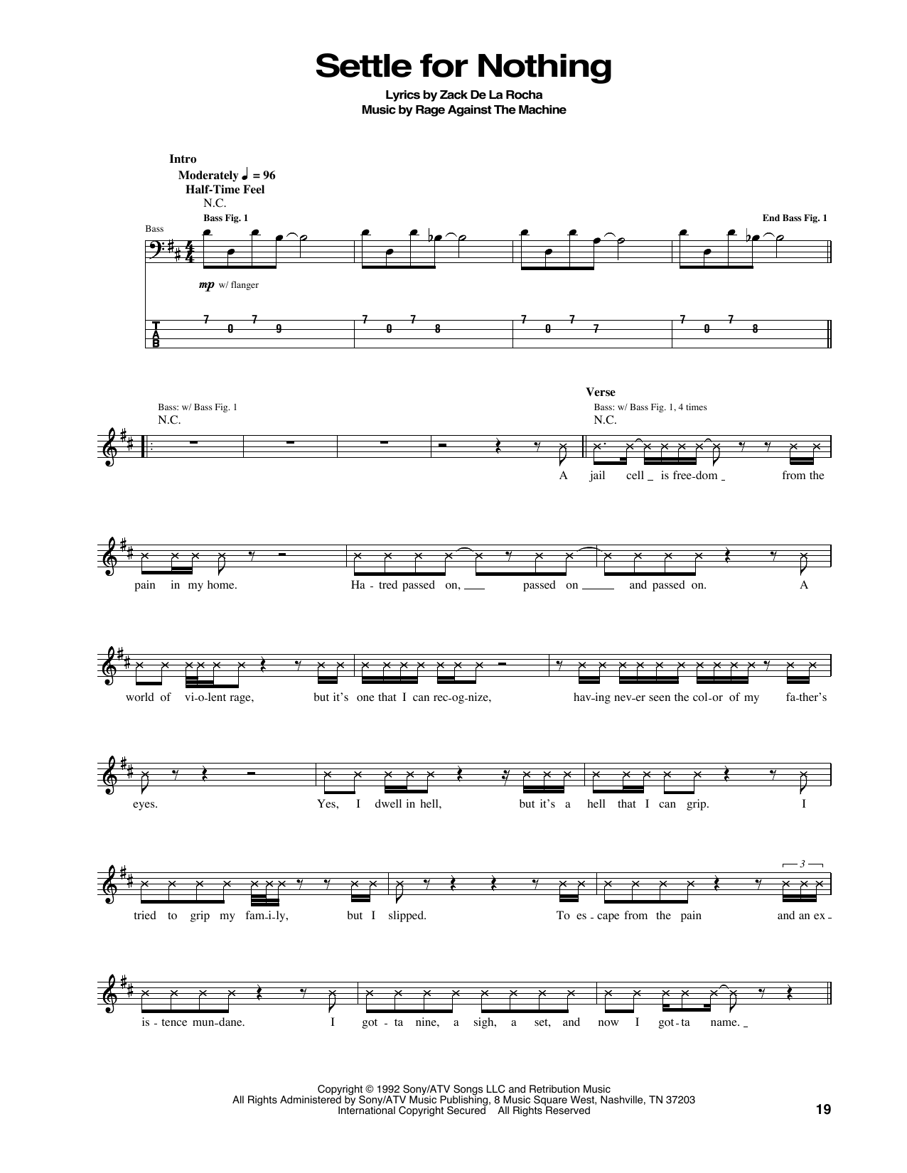 Rage Against The Machine Settle For Nothing sheet music notes and chords arranged for Bass Guitar Tab