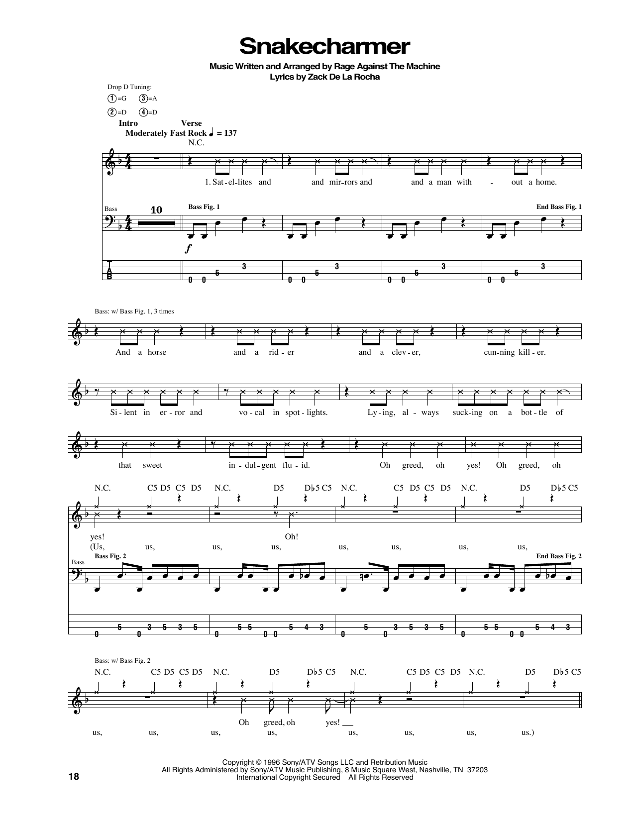 Rage Against The Machine Snakecharmer sheet music notes and chords arranged for Bass Guitar Tab