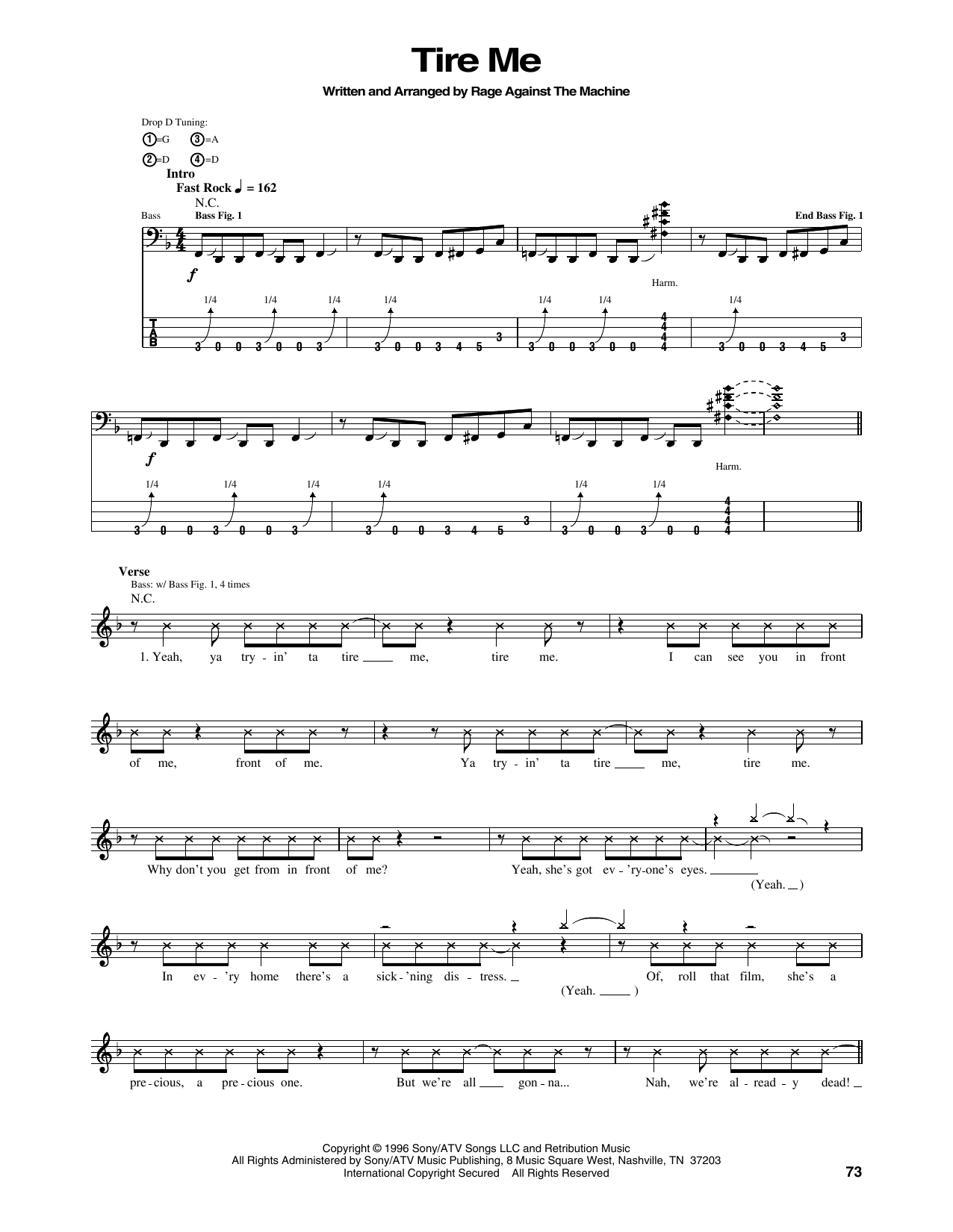 Rage Against The Machine Tire Me sheet music notes and chords arranged for Bass Guitar Tab