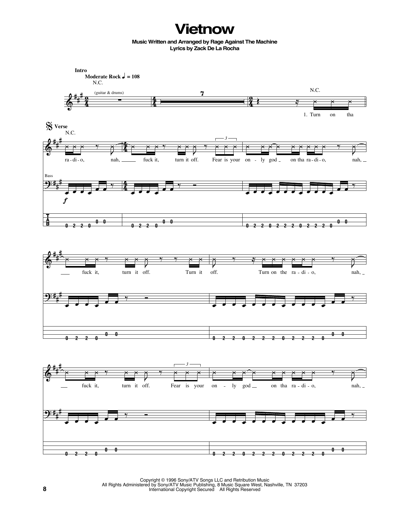 Rage Against The Machine Vietnow sheet music notes and chords arranged for Bass Guitar Tab