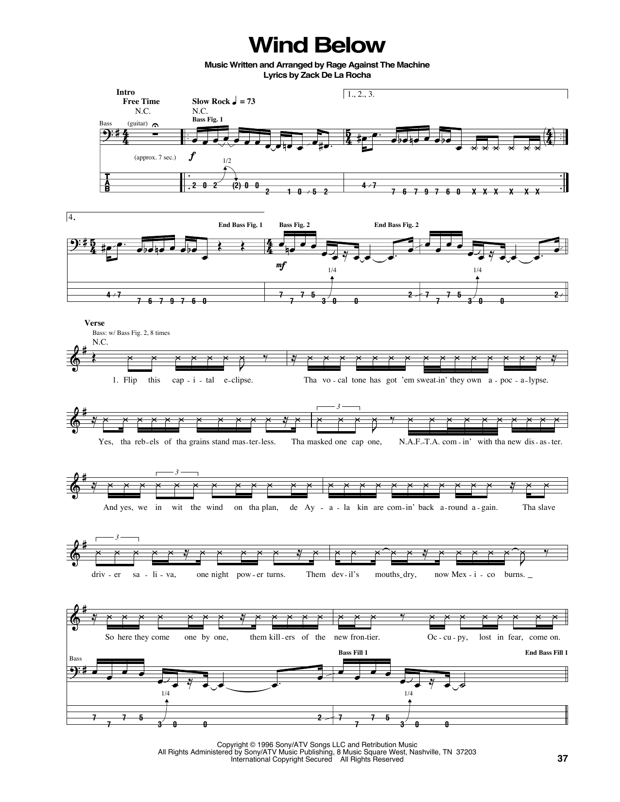 Rage Against The Machine Wind Below sheet music notes and chords arranged for Bass Guitar Tab