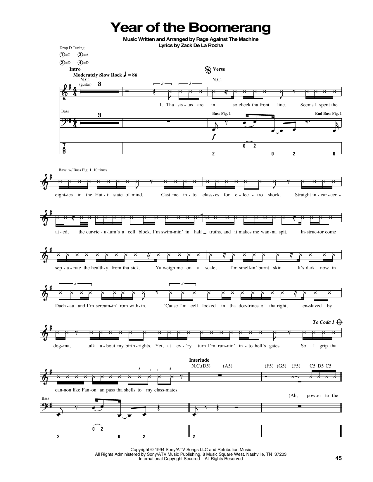 Rage Against The Machine Year Of The Boomerang sheet music notes and chords arranged for Bass Guitar Tab