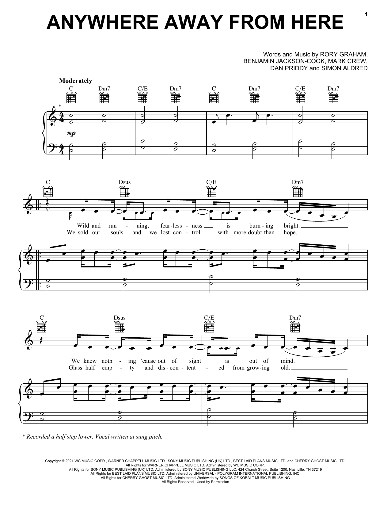 Rag'n'Bone Man & P!nk Anywhere Away From Here sheet music notes and chords arranged for Piano, Vocal & Guitar Chords (Right-Hand Melody)