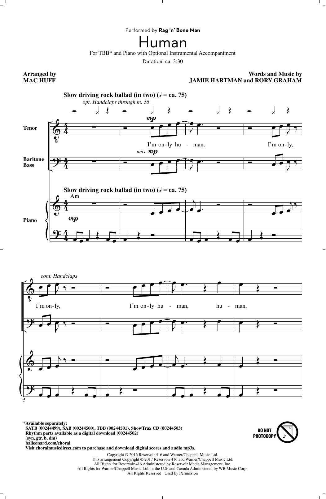 Rag'n'Bone Man Human (arr. Mac Huff) sheet music notes and chords arranged for TBB Choir