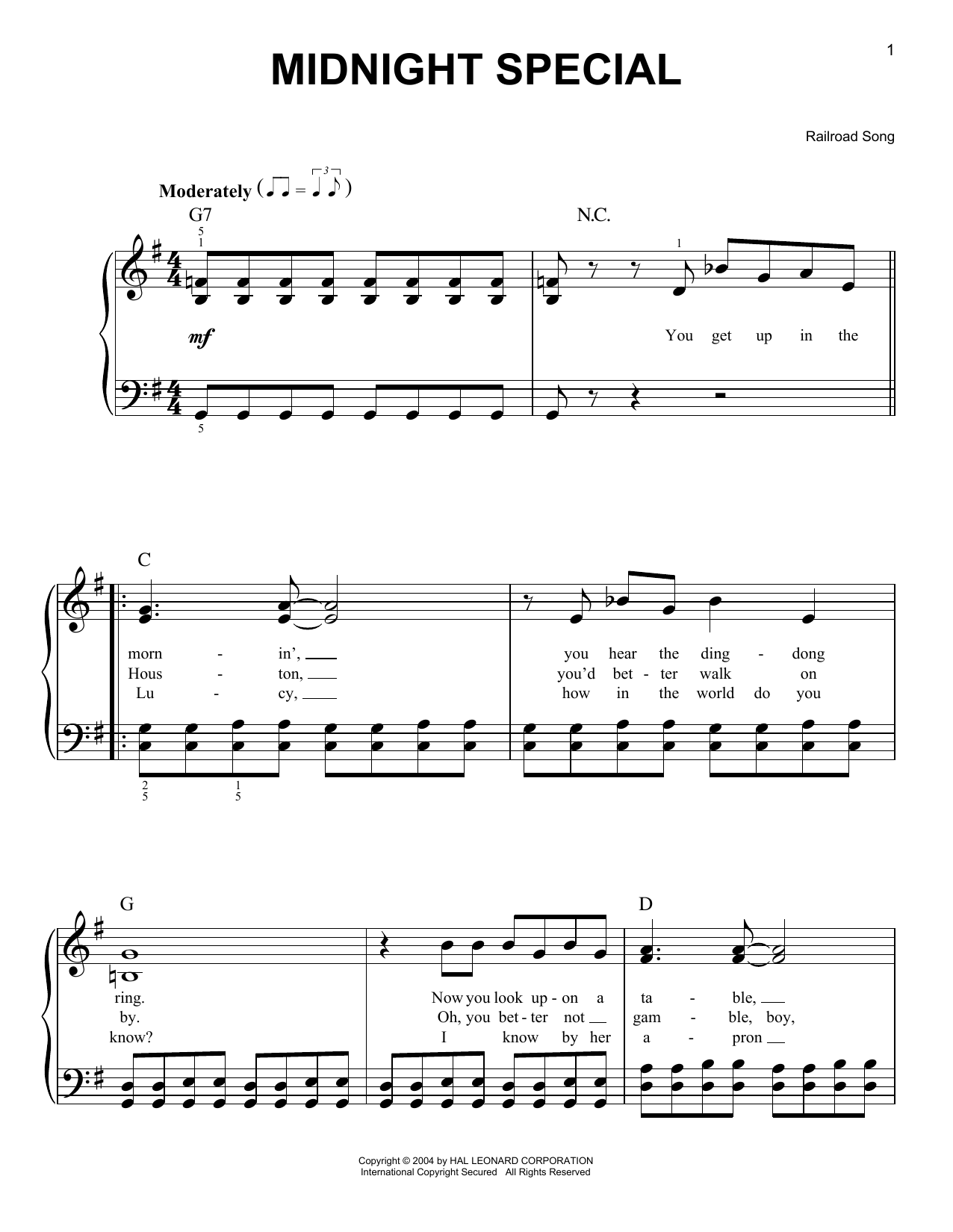 Railroad Song Midnight Special sheet music notes and chords arranged for Solo Guitar
