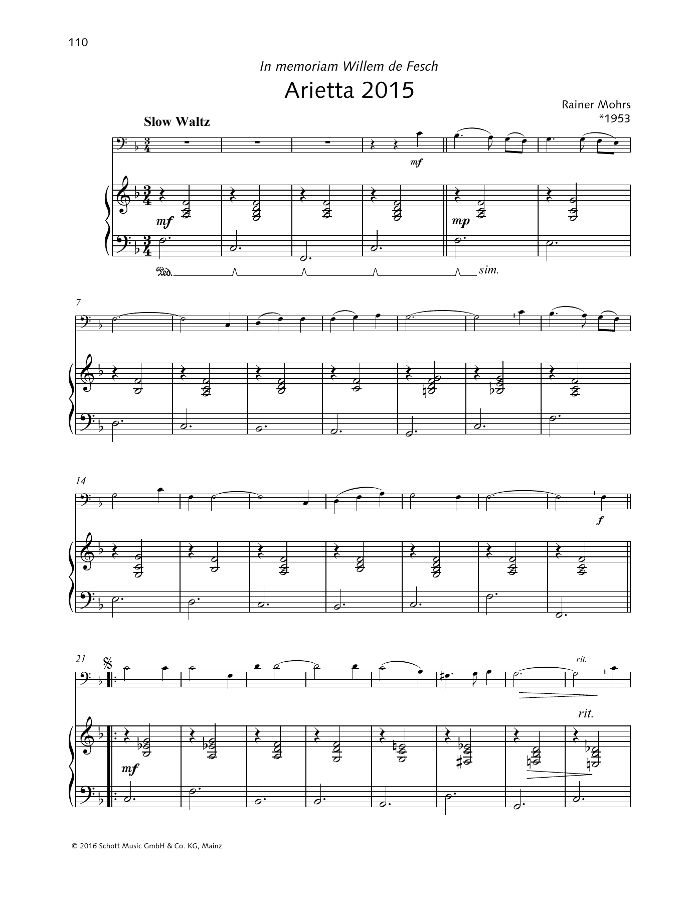 Rainer Mohrs Arietta 2015 sheet music notes and chords arranged for String Solo