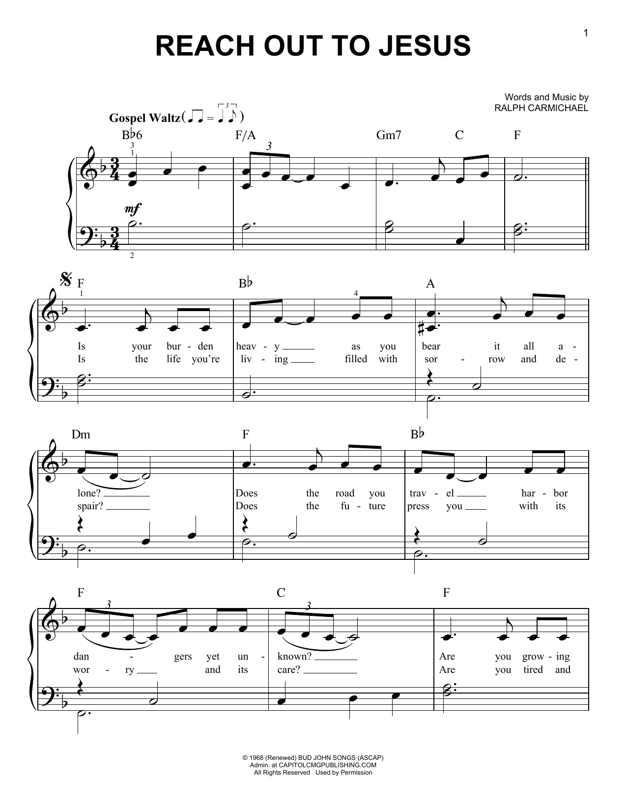 Ralph Carmichael Reach Out To Jesus sheet music notes and chords arranged for Easy Piano