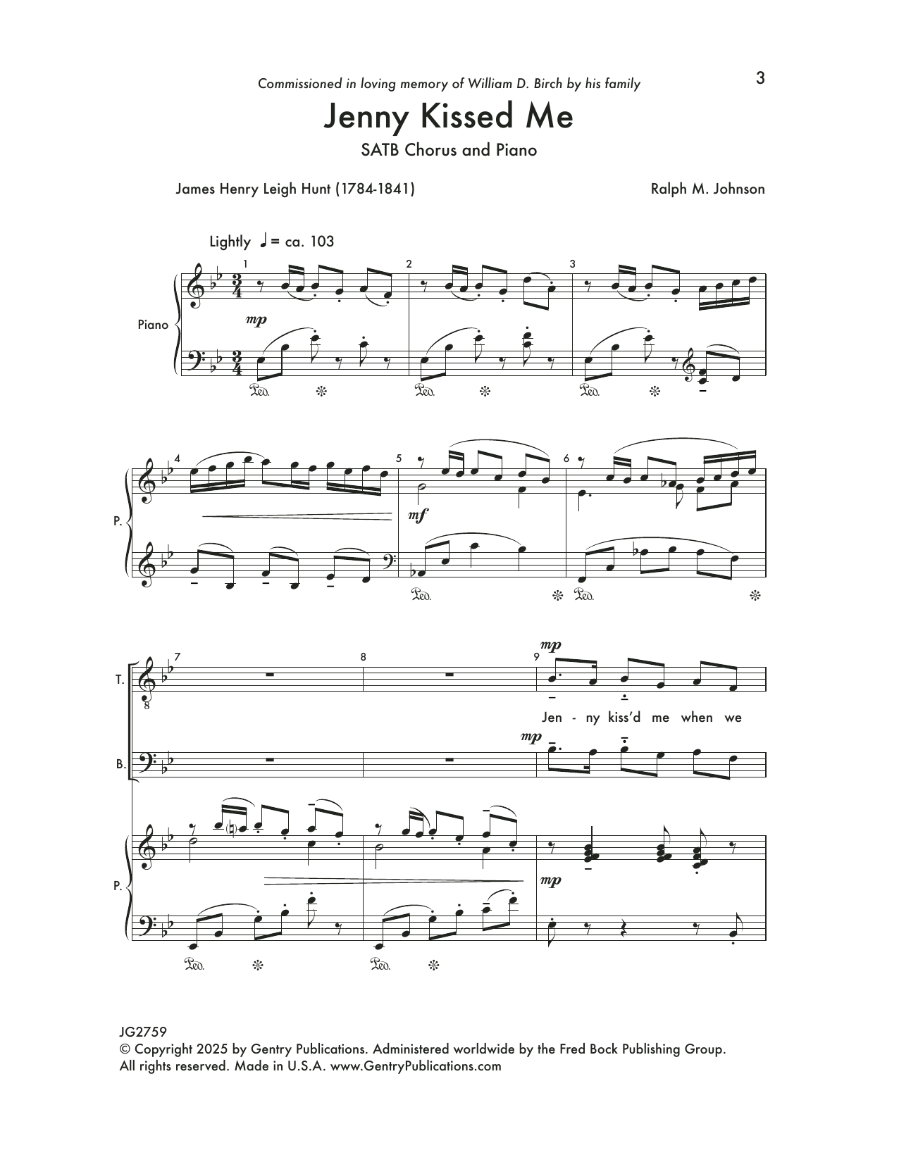 Ralph Johnson Jenny Kissed Me sheet music notes and chords arranged for SATB Choir