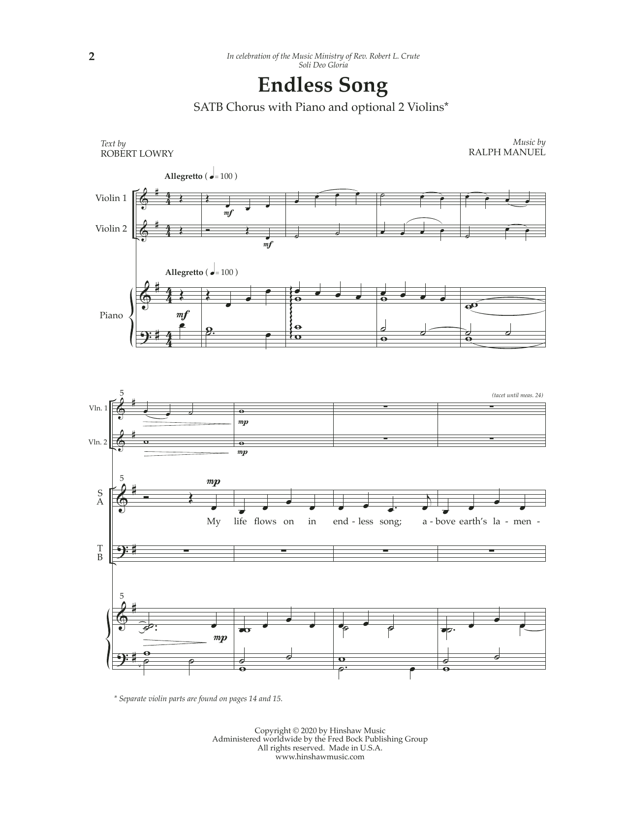 Ralph Manuel Endless Song sheet music notes and chords arranged for SATB Choir