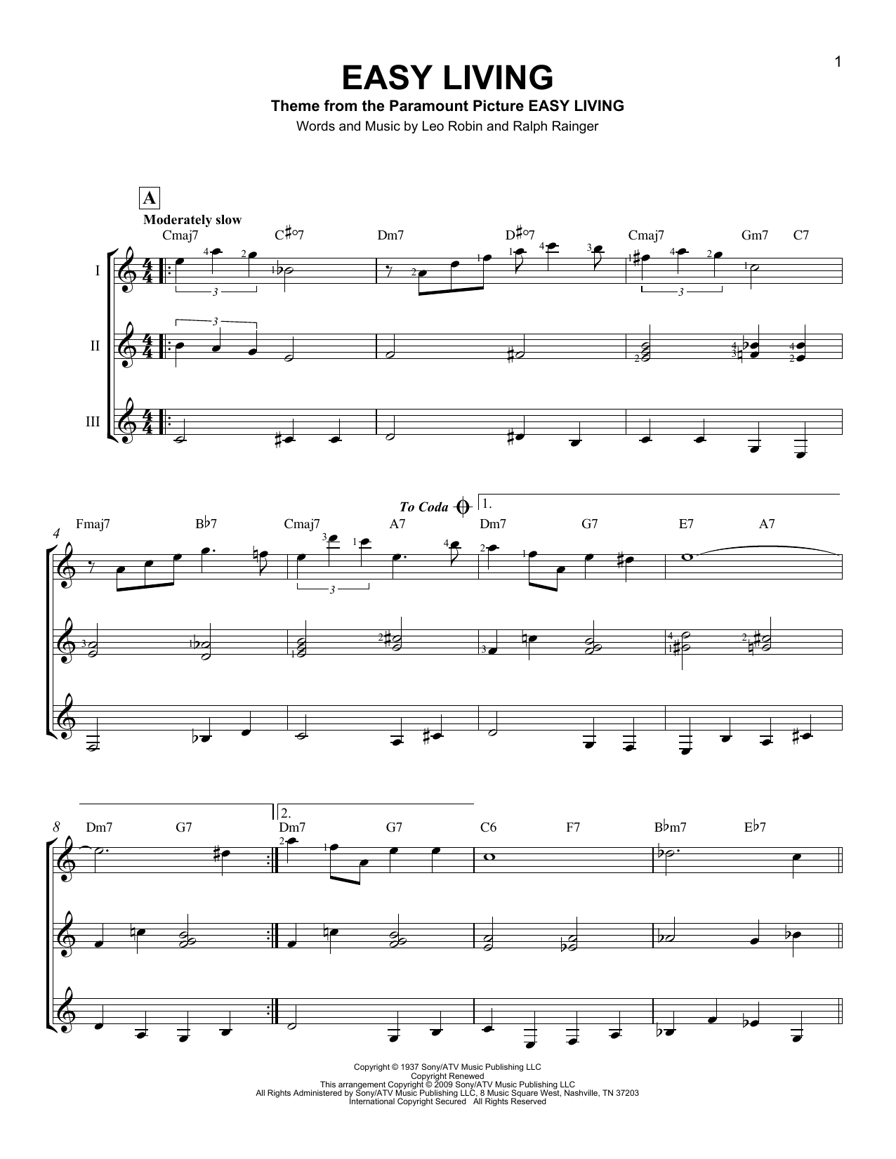 Ralph Rainger Easy Living sheet music notes and chords arranged for Guitar Ensemble