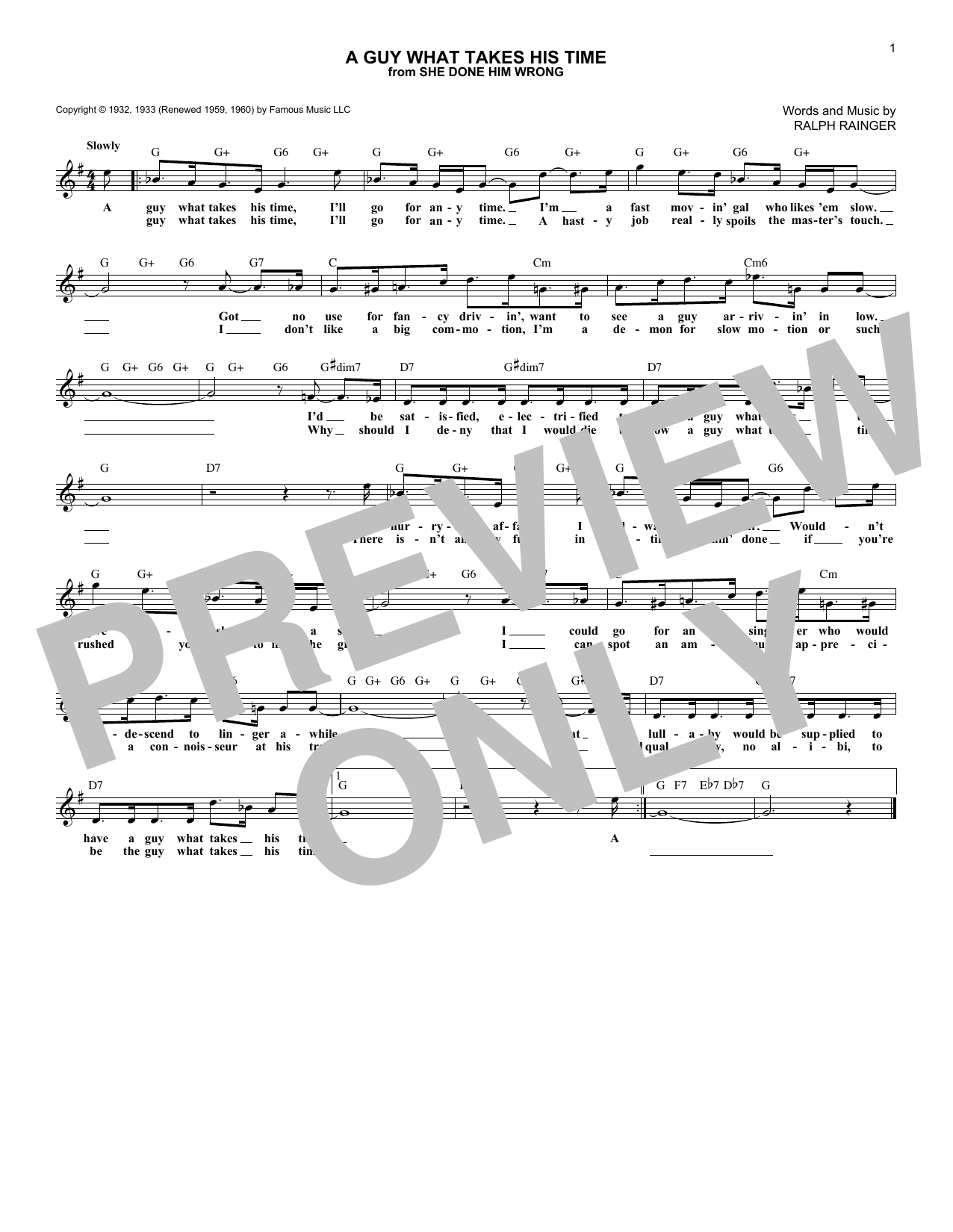 Ralph Rainger A Guy What Takes His Time sheet music notes and chords arranged for Lead Sheet / Fake Book