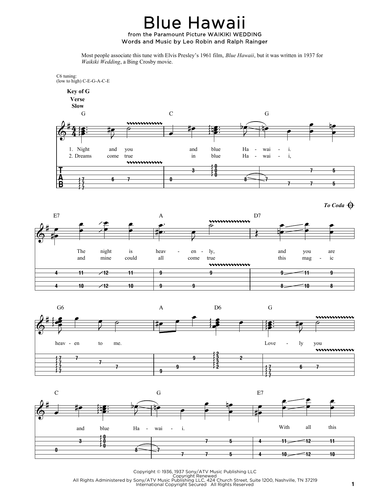Ralph Rainger Blue Hawaii sheet music notes and chords arranged for Dobro