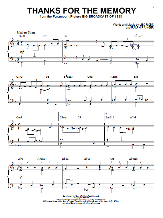Ralph Rainger Thanks For The Memory (arr. Brent Edstrom) sheet music notes and chords arranged for Piano Solo