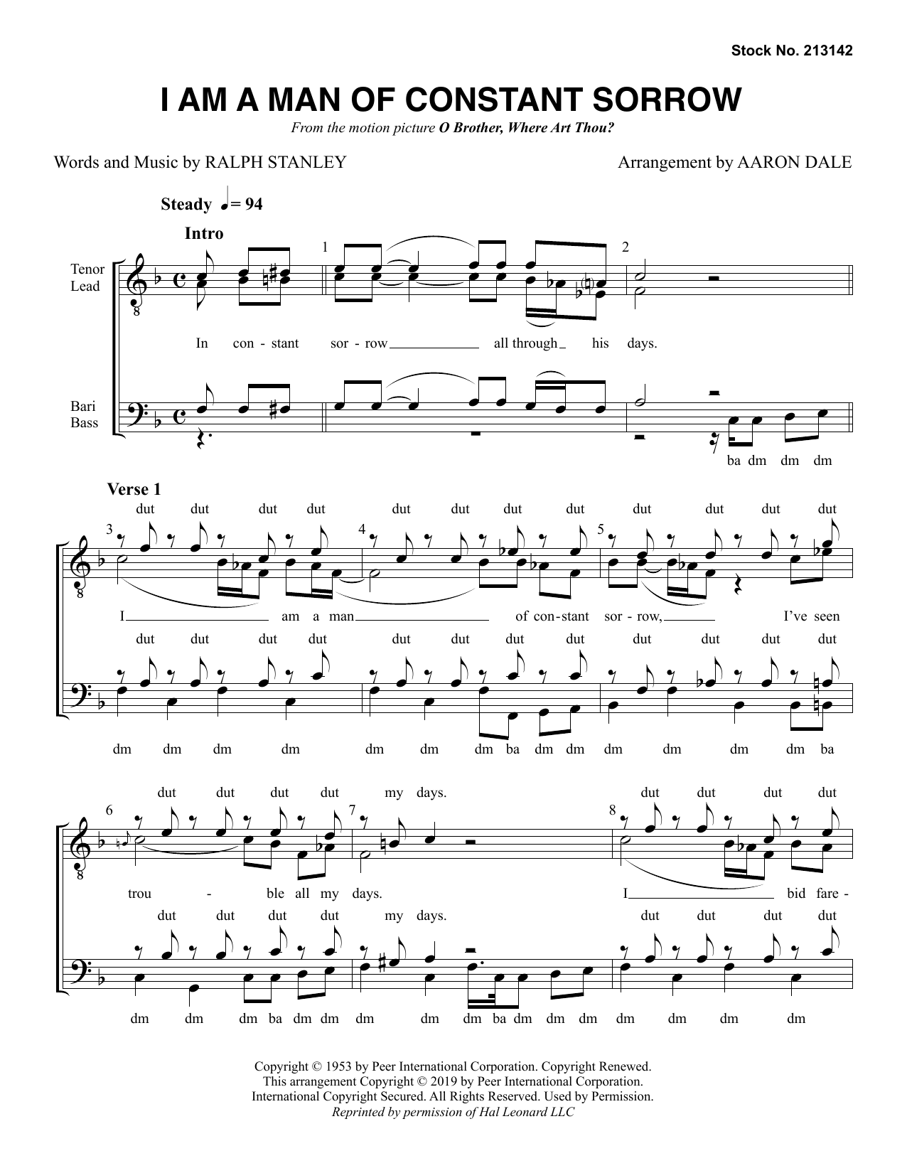 Ralph Stanley I Am A Man Of Constant Sorrow (arr. Aaron Dale) sheet music notes and chords arranged for TTBB Choir