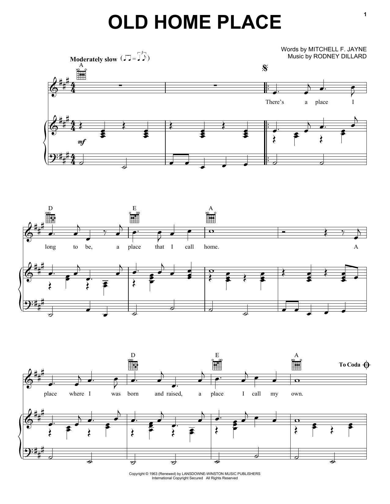 Ralph Stanley Old Home Place sheet music notes and chords arranged for Piano, Vocal & Guitar Chords (Right-Hand Melody)