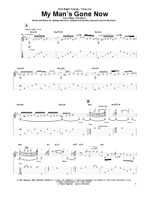 Ralph Towner My Man's Gone Now sheet music notes and chords arranged for Guitar Tab