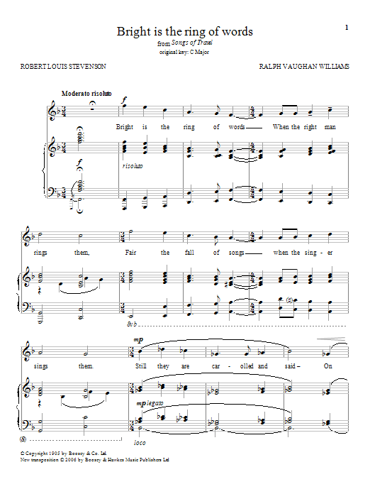 Ralph Vaughan Williams Bright Is The Ring Of Words sheet music notes and chords arranged for Piano & Vocal
