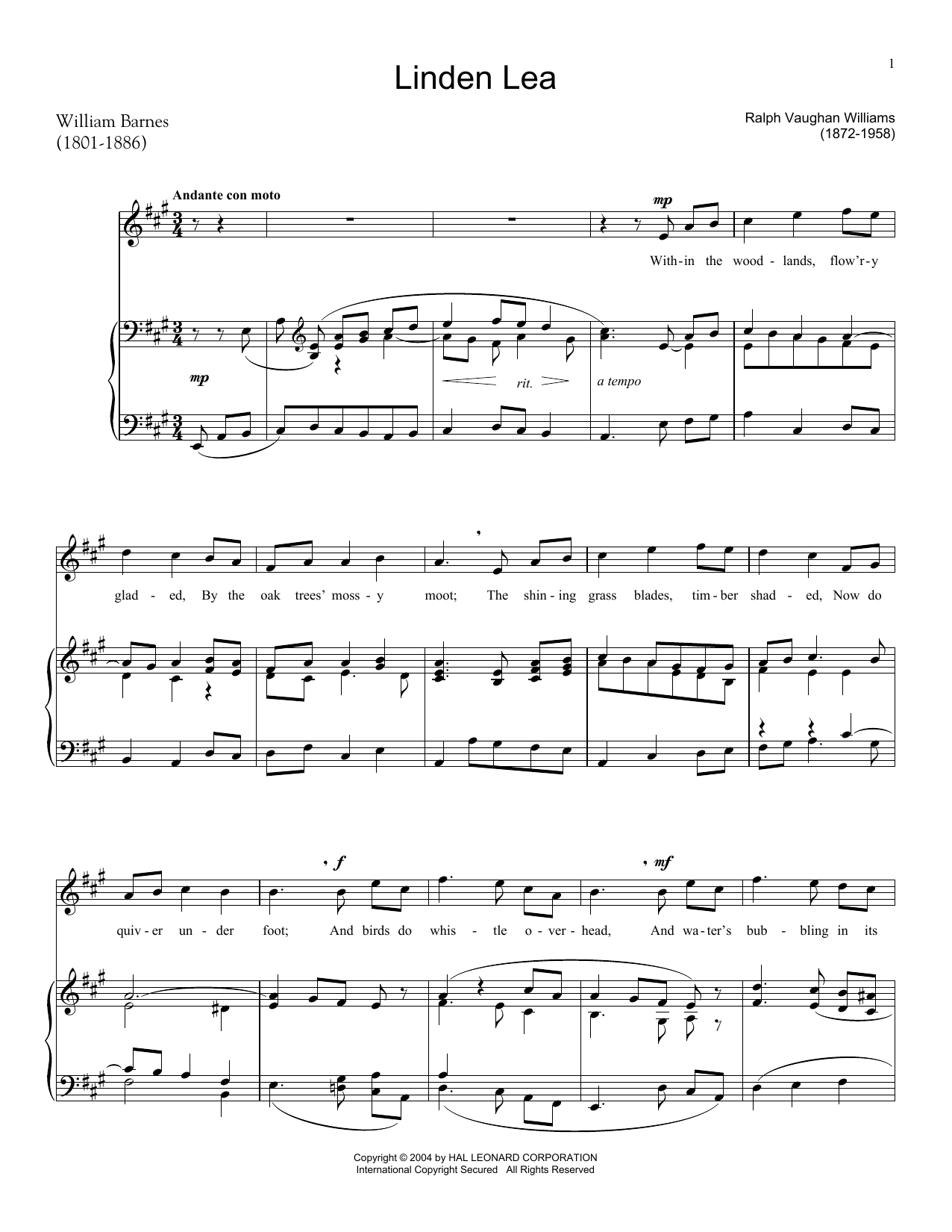 Ralph Vaughan Williams Linden Lea sheet music notes and chords arranged for Piano, Vocal & Guitar Chords (Right-Hand Melody)