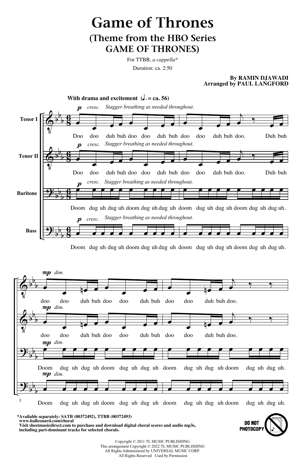 Ramin Djawadi Game Of Thrones (arr. Paul Langford) sheet music notes and chords arranged for SATB Choir