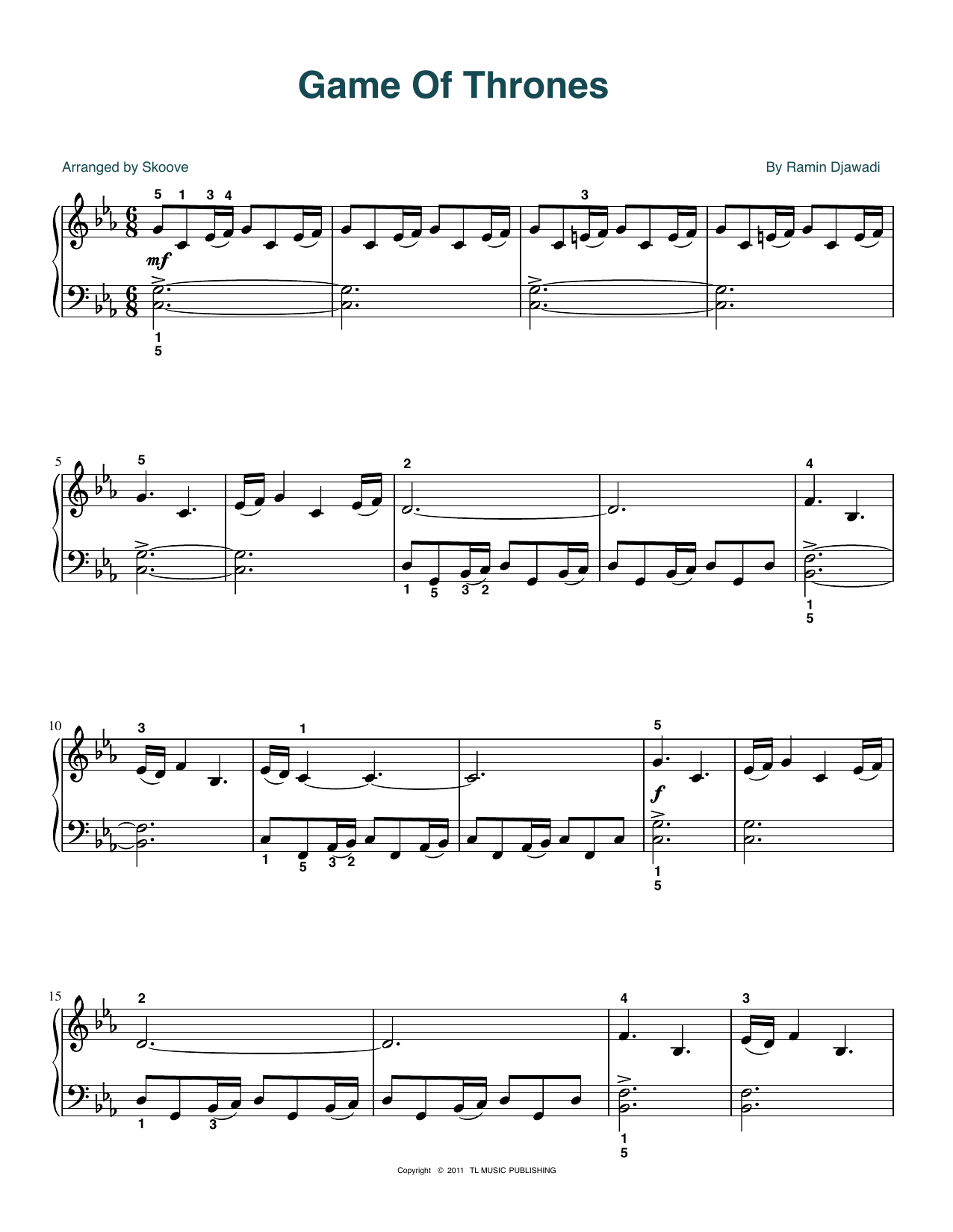 Ramin Djawadi Game Of Thrones (arr. Skoove) sheet music notes and chords arranged for Easy Piano