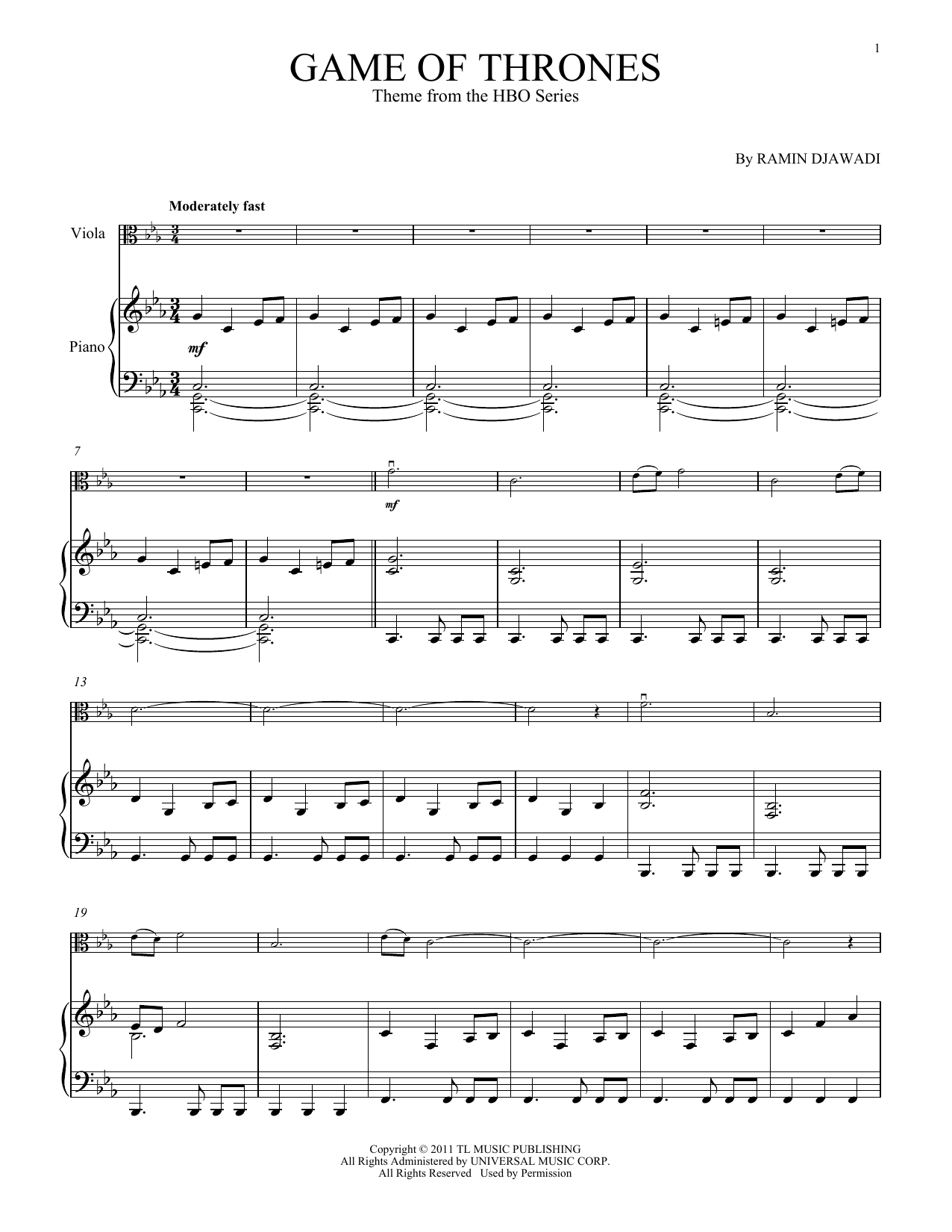 Ramin Djawadi Game Of Thrones sheet music notes and chords arranged for Viola and Piano