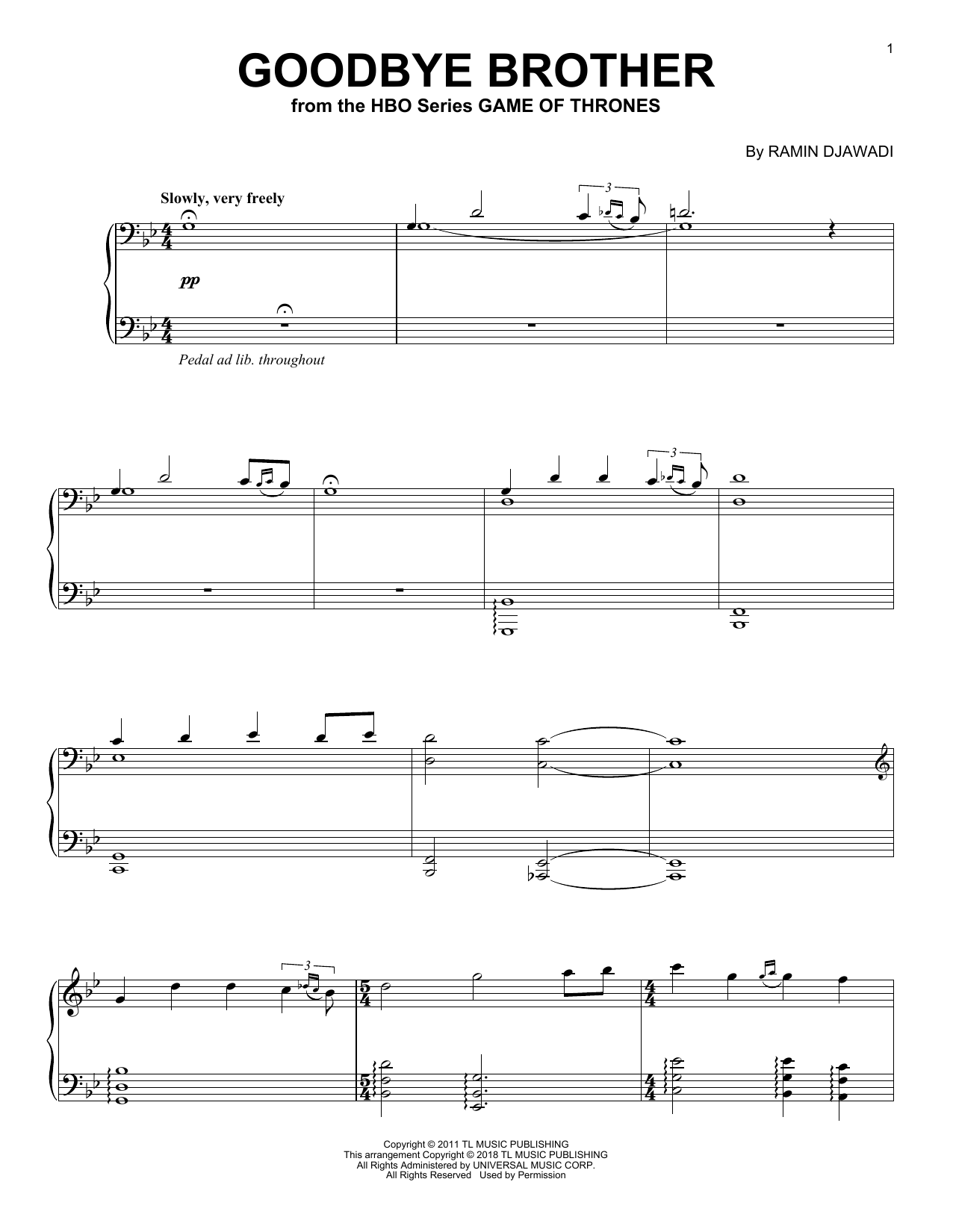 Ramin Djawadi Goodbye Brother (from Game of Thrones) sheet music notes and chords arranged for Easy Piano