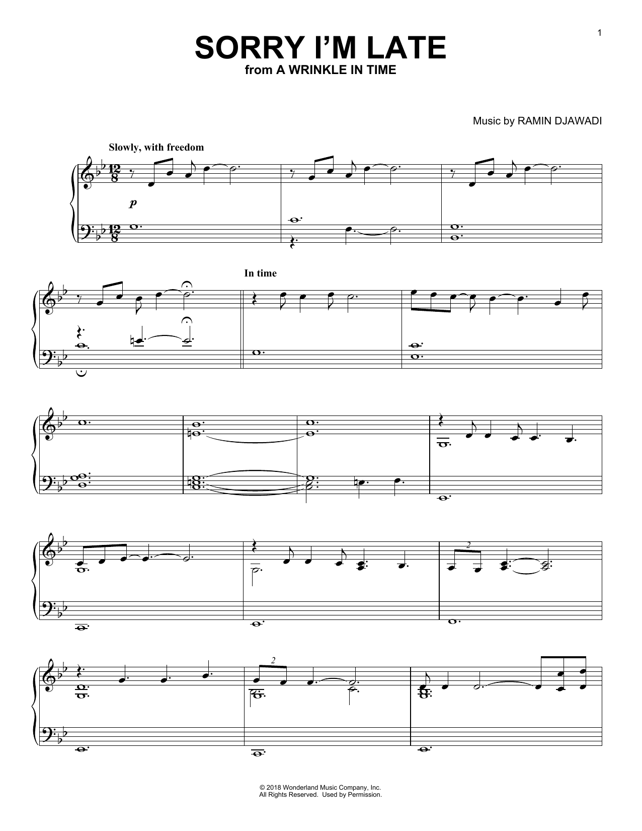 Ramin Djawadi Sorry I'm Late (from A Wrinkle In Time) sheet music notes and chords arranged for Piano Solo