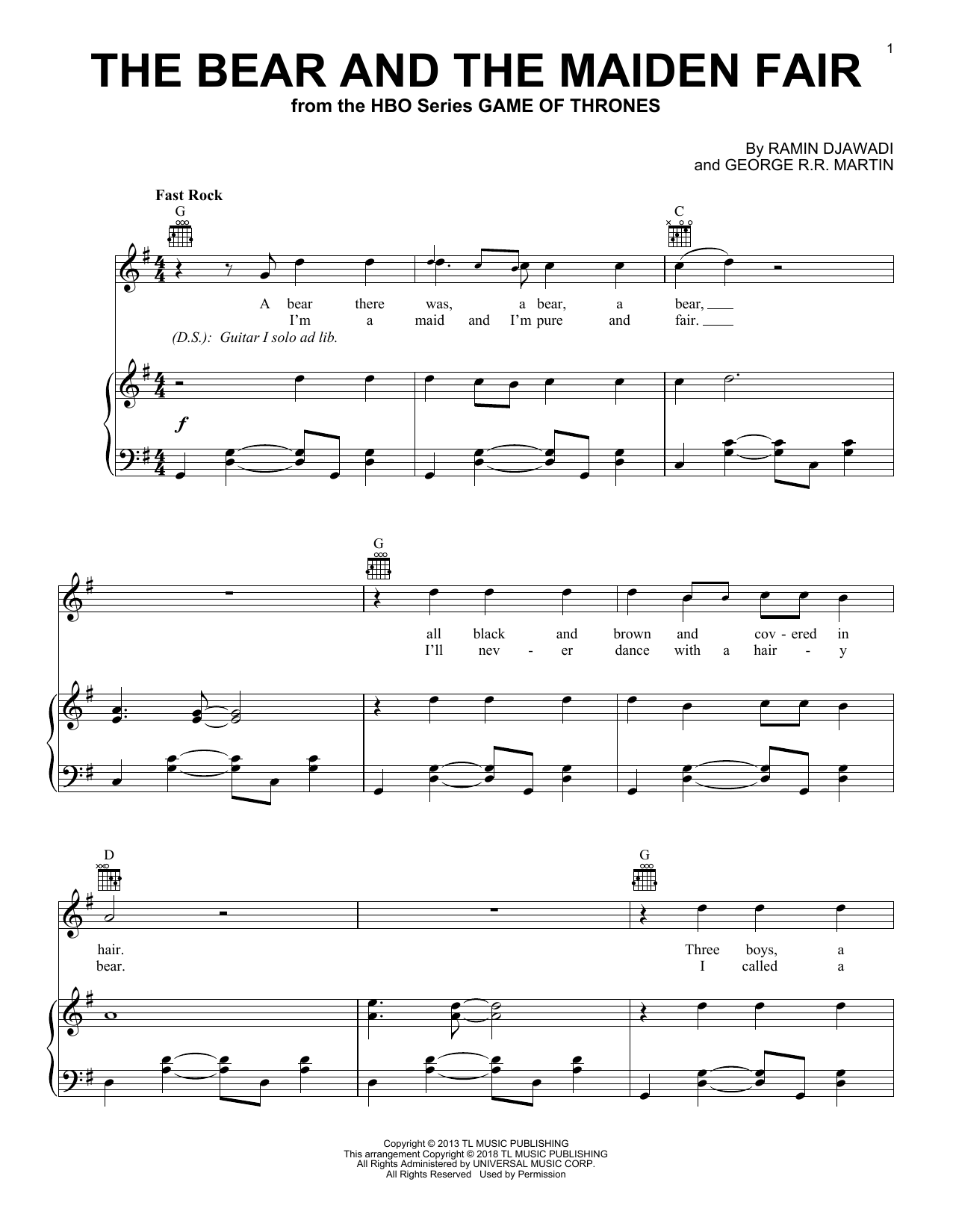 Ramin Djawadi The Bear And The Maiden Fair (from Game of Thrones) sheet music notes and chords arranged for Piano, Vocal & Guitar Chords (Right-Hand Melody)
