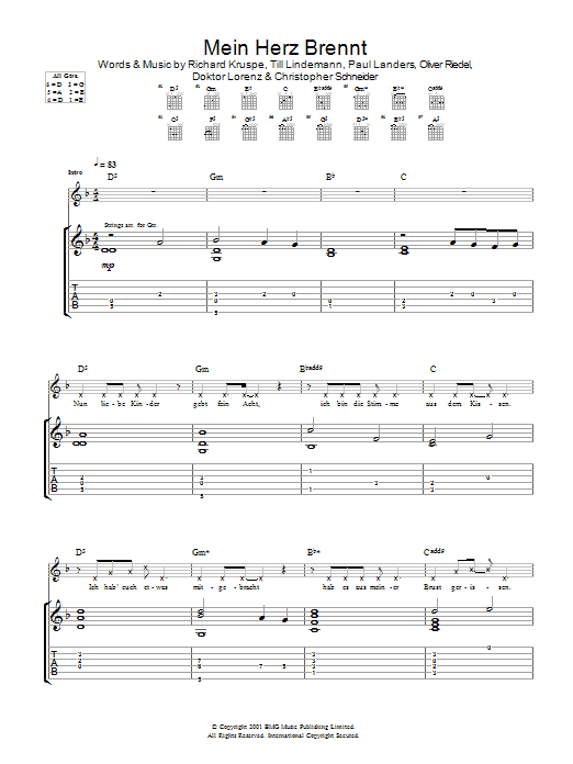Rammstein Mein Herz Brennt sheet music notes and chords arranged for Guitar Tab