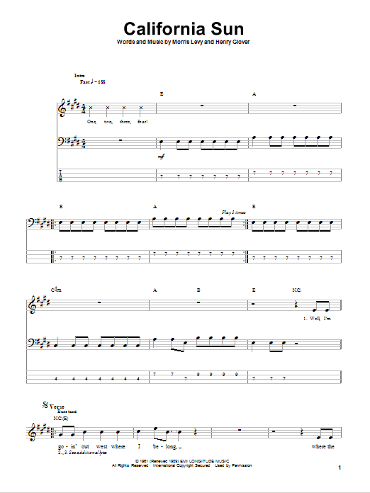 Ramones California Sun sheet music notes and chords arranged for Bass Guitar Tab