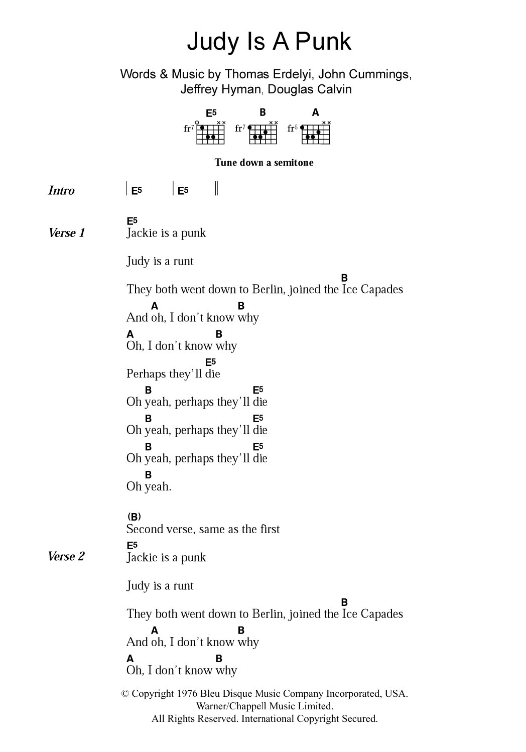 Ramones Judy Is A Punk sheet music notes and chords arranged for Guitar Chords/Lyrics