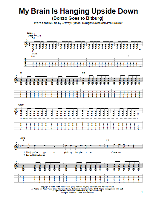 Ramones My Brain Is Hanging Upside Down (Bonzo Goes To Bitburg) sheet music notes and chords arranged for Guitar Tab (Single Guitar)