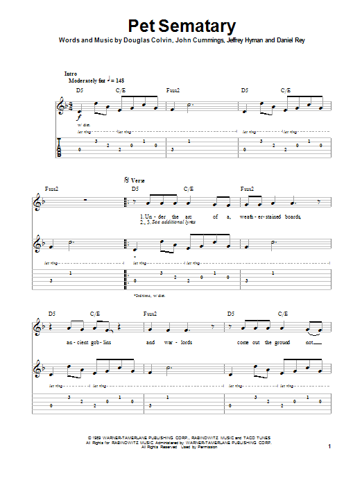 Ramones Pet Sematary sheet music notes and chords arranged for Piano, Vocal & Guitar Chords (Right-Hand Melody)