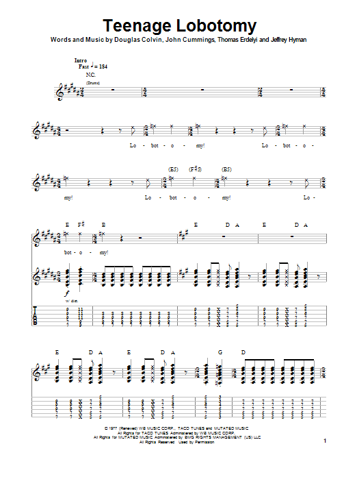 Ramones Teenage Lobotomy sheet music notes and chords arranged for Guitar Chords/Lyrics
