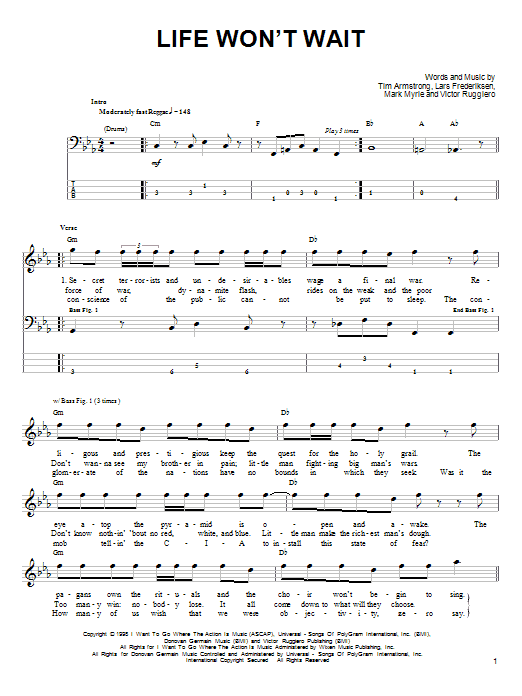 Rancid Life Won't Wait sheet music notes and chords arranged for Bass Guitar Tab