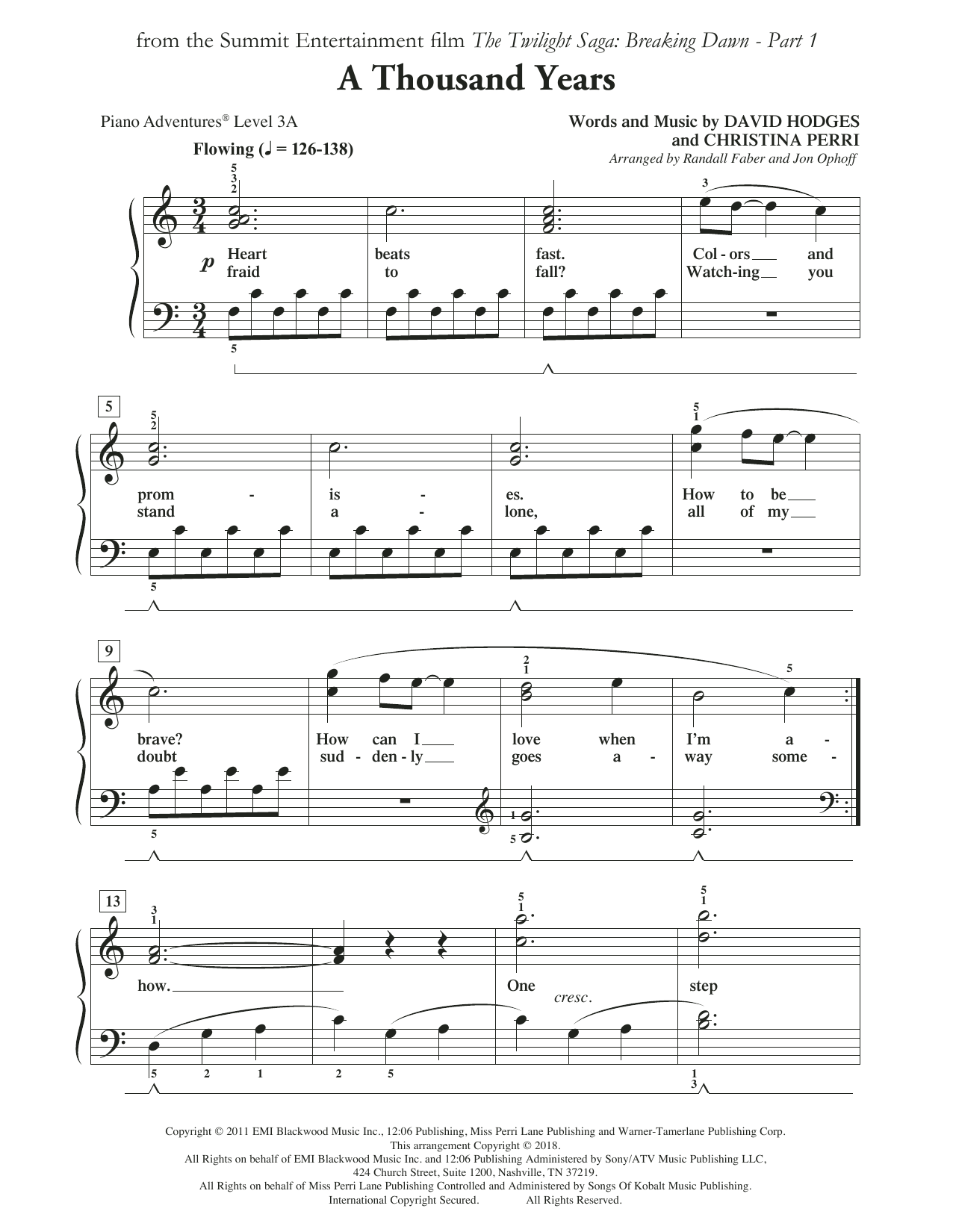 Randall Faber & Jon Ophoff A Thousand Years sheet music notes and chords arranged for Piano Adventures
